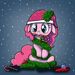 Size: 5000x5000 | Tagged: safe, artist:maplesunrise, artist:quasdar, derpibooru import, pinkie pie, ask snuggle pie, absurd resolution, candy, candy cane, christmas, christmas ornament, cute, decoration, diapinkes, hat, holly, mouth hold, ornament, santa hat, snow, snowfall, solo, tinsel