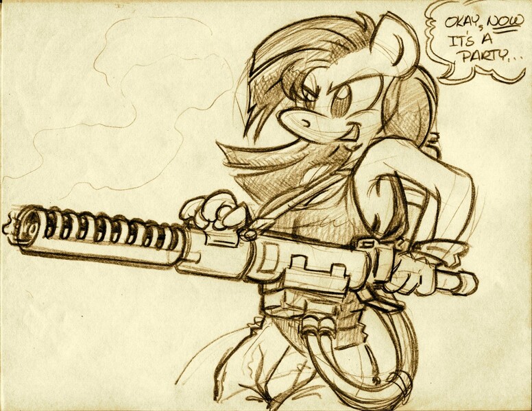 Size: 1100x850 | Tagged: anthro, armpits, artist:trollie trollenberg, derpibooru import, flamethrower, monochrome, pinkamena diane pie, pinkie pie, safe, solo, traditional art, weapon