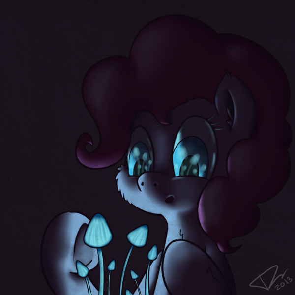 Size: 1500x1500 | Tagged: safe, artist:overlord103, derpibooru import, pinkie pie, earth pony, pony, chest fluff, eye reflection, glow, glowing mushroom, mushroom, reflection, solo