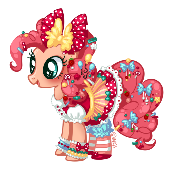 Size: 1004x1004 | Tagged: safe, artist:frogmakesart, derpibooru import, part of a set, pinkie pie, earth pony, pony, balloon, bow, candy, clothes, dress, food, lolita fashion, lollipop, simple background, socks, solo, strawberry, striped socks, transparent background, vector