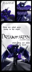 Size: 1280x2876 | Tagged: safe, artist:zedrin, derpibooru import, princess luna, comic, dreamwarden, sword, warrior luna