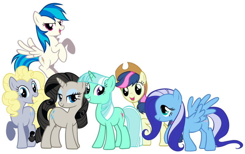 Size: 5400x3400 | Tagged: safe, artist:mihaaaa, artist:shadowhedgiefan91, derpibooru import, applejack, bon bon, derpy hooves, fluttershy, lyra heartstrings, minuette, octavia melody, pinkie pie, rainbow dash, rarity, sweetie drops, twilight sparkle, vinyl scratch, pegasus, pony, alternate mane six, female, mane 6 recolors, mane six, mare, palette swap, recolor, simple background, transparent background, vector