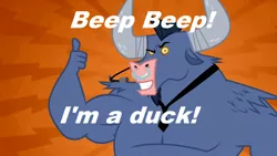 Size: 1152x648 | Tagged: safe, derpibooru import, edit, edited screencap, screencap, iron will, duck, minotaur, beep beep, looking at you, male, microphone, necktie, nose piercing, nose ring, piercing, smiling, solo, thumbs up