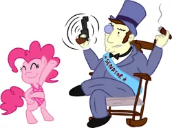 Size: 1156x861 | Tagged: artist:corwin, artist:elslowmo, bikini, cigar, clothes, derpibooru import, gun, hat, oc, oc:anon, pinkie pie, pistol, revolver, safe, swimsuit, the simpsons, top hat