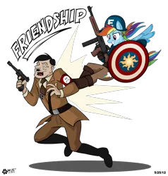 Size: 1331x1397 | Tagged: safe, artist:wolfjedisamuel, derpibooru import, rainbow dash, human, pegasus, pony, adolf hitler, avengers, captain america, crossover, german, germany, gun, luger, marvel, nazi, parody, pistol, shield, submachinegun, tommy gun, world war ii