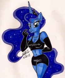 Size: 1149x1377 | Tagged: anthro, artist:newyorkx3, beckoning, bedroom eyes, belly button, breasts, cleavage, clothes, come hither, derpibooru import, evening gloves, eyeshadow, female, makeup, midriff, princess luna, solo, solo female, suggestive, traditional art