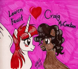 Size: 1231x1094 | Tagged: safe, artist:newyorkx3, derpibooru import, oc, oc:fausticorn, ponified, alicorn, pony, 2012, craig mccracken, craigstallion, cute, heart, lauren faust, shipping, text, traditional art