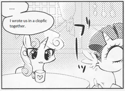 Size: 546x395 | Tagged: suggestive, derpibooru import, rarity, sweetie belle, pony, unicorn, ..., clopfic, exploitable meme, female, many many pony, meme, monochrome, mug, spit take