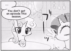 Size: 545x390 | Tagged: safe, derpibooru import, rarity, sweetie belle, pony, unicorn, ..., exploitable meme, female, many many pony, meme, monochrome, mug, spit take