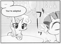 Size: 546x395 | Tagged: safe, derpibooru import, rarity, sweetie belle, pony, unicorn, ..., adopted offspring, exploitable meme, female, many many pony, meme, monochrome, mug, spit take, you're adopted