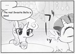 Size: 546x395 | Tagged: safe, derpibooru import, rarity, sweetie belle, pony, unicorn, ..., exploitable meme, female, many many pony, meme, monochrome, mug, spit take