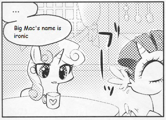 Size: 546x395 | Tagged: suggestive, derpibooru import, big macintosh, rarity, sweetie belle, earth pony, pony, unicorn, ..., exploitable meme, female, male, many many pony, meme, monochrome, mug, spit take, stallion