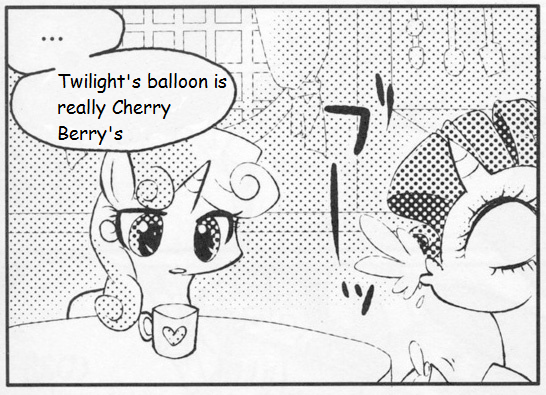 Size: 546x395 | Tagged: safe, derpibooru import, cherry berry, rarity, sweetie belle, twilight sparkle, pony, unicorn, ..., exploitable meme, female, hot air balloon, many many pony, meme, monochrome, mug, spit take, twinkling balloon