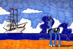 Size: 2274x1534 | Tagged: artist:newyorkx3, beach, derpibooru import, ocean, plot, princess luna, safe, ship, solo, traditional art