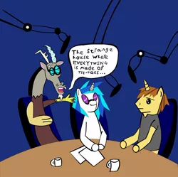 Size: 1024x1019 | Tagged: safe, artist:jewelsfriend, derpibooru import, discord, donut joe, vinyl scratch, comic, crossover, glasses, karl pilkington, parody, ricky gervais, stephen merchant