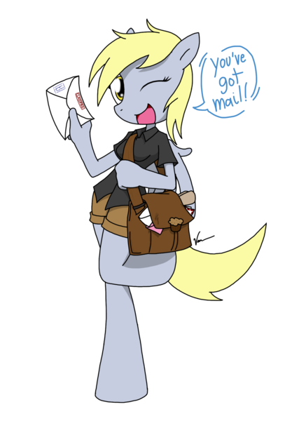 Size: 1351x1944 | Tagged: safe, artist:sandwich-anomaly, derpibooru import, derpy hooves, anthro, unguligrade anthro, clothes, cute, looking at you, mail, mailbag, open mouth, raised leg, shorts, simple background, smiling, solo, transparent background, wink