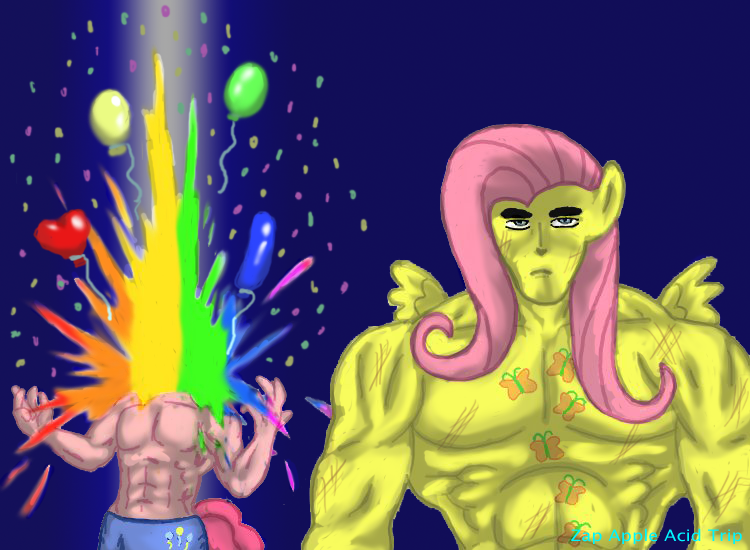 Size: 750x550 | Tagged: anthro, artist:zap-apple-acid-trip, balloon, blood, crossover, death, decapitation, exploding head, fluttershy, hokuto no ken, kenshiro, muscles, muscleshy, parody, pinkie pie, pinkie pump, rainbow blood, semi-grimdark