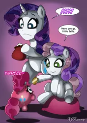 Size: 550x779 | Tagged: safe, artist:xjkenny, derpibooru import, pinkie pie, rarity, sweetie belle, pony, bipedal, exclamation point, pinkie bank, speech