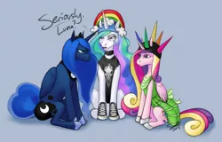 Size: 858x548 | Tagged: alicorn triarchy, artist:sedde, derpibooru import, hat, monocle, princess cadance, princess celestia, princess luna, safe, serious hat, sillestia, silly