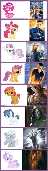 Size: 586x2054 | Tagged: safe, derpibooru import, apple bloom, babs seed, diamond tiara, scootaloo, shady daze, silver spoon, sweetie belle, earth pony, human, pegasus, pony, unicorn, ben grimm, comparison chart, doctor doom, fantastic four, galactus, invisible woman, johnny storm, mr fantastic, neighsayers everywhere, reed richards, silver surfer, splotcher, sue storm, the human torch, the thing (marvel)