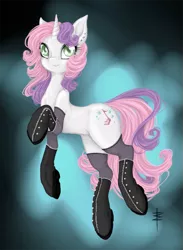 Size: 659x900 | Tagged: artist:tt-n, boots, clothes, hoof boots, older, stockings, suggestive, sweetie belle