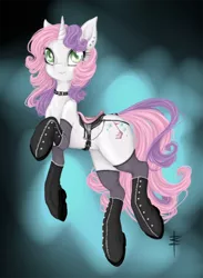 Size: 500x683 | Tagged: artist:tt-n, boots, choker, clothes, derpibooru import, female, hoof boots, older, saddle, solo, solo female, stockings, suggestive, sweetie belle
