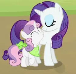 Size: 292x283 | Tagged: cropped, cute, derpibooru import, duo, eyes closed, neckerchief, rarity, safe, screencap, sisterhooves social, sweetie belle