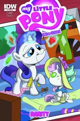 Size: 900x1366 | Tagged: safe, artist:sibsy, derpibooru import, idw, rarity, sweetie belle, pony, idw micro series, baby, baby belle, baby pony, comic cover, cover, filly, foal, gem, mouth hold, needle, official comic, sewing, younger
