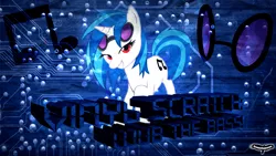 Size: 1920x1080 | Tagged: safe, artist:utterlyludicrous, derpibooru import, vinyl scratch, pony, unicorn, cutie mark, female, glasses, hooves, horn, mare, smiling, solo, sunglasses, teeth, text, vector, wallpaper