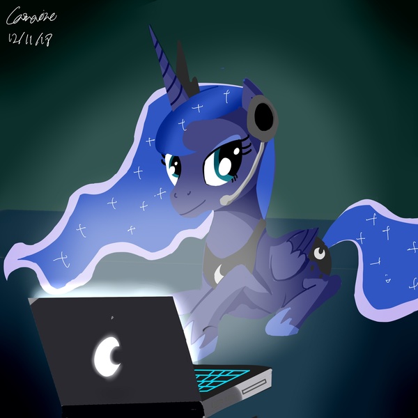 Size: 3000x3000 | Tagged: safe, artist:camaine, derpibooru import, princess luna, gamer luna, computer, prone, solo