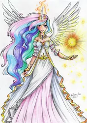 Size: 1112x1571 | Tagged: safe, artist:juaiasi, derpibooru import, princess celestia, horned humanization, humanized, magic, skinny, sun, traditional art, winged humanization