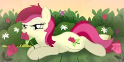 Size: 6000x3015 | Tagged: safe, artist:icaron, derpibooru import, roseluck, earth pony, pony, background pony, bush, female, flower, g4, lily (flower), mare, plant, prone, rose, show accurate, smelling, sniffing, solo