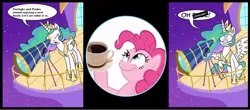 Size: 1100x482 | Tagged: censored vulgarity, coffee, crossing the memes, derpibooru import, exploitable meme, look what pinkie found, meme, pinkie found the coffee, pinkie pie, princess celestia, safe, telescope meme, this will end in tears, xk-class end-of-the-world scenario