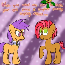 Size: 1280x1280 | Tagged: artist:nlgma, babscoot, babs seed, derpibooru import, female, holly, holly mistaken for mistletoe, lesbian, lesboloo, scootaloo, shipping, suggestive