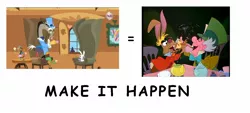 Size: 1418x643 | Tagged: alice in wonderland, angel bunny, derpibooru import, discord, discord lamp, edit, edited screencap, exploitable meme, food, keep calm and flutter on, mad hatter, make it happen, march hare, safe, screencap, tea, tea party
