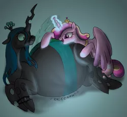 Size: 719x664 | Tagged: artist:defenceless, belly, bellyrubs, big belly, bondage, changeling feeding, changeling overfeeding, derpibooru import, fat, female, force feeding, inflation, magic, princess cadance, queen chrysalard, queen chrysalis, story in the source, suggestive, this will end in death, weight gain