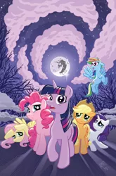 Size: 659x1000 | Tagged: applejack, artist:tonyfleecs, clean, comic, cover, derpibooru import, fluttershy, idw, moon, official, official comic, pinkie pie, rainbow dash, rarity, safe, twilight sparkle