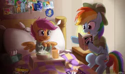 Size: 1500x888 | Tagged: safe, artist:johnjoseco, derpibooru import, apple bloom, daring do, princess luna, rainbow dash, scootaloo, sweetie belle, pegasus, pony, adventure, backlighting, backwards cutie mark, bed, book, caring for the sick, clothes, comic, comic book, costume, cute, duo, female, filly, happy, hat, mare, open mouth, photo, photos, pith helmet, reading, scootalove, sick, smiling, soup, tissue box, x-men