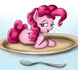 Size: 1112x993 | Tagged: safe, artist:rule1of1coldfire, derpibooru import, pinkie pie, earth pony, pony, bedroom eyes, ear fluff, female, lying down, mare, open mouth, plate, smiling, solo, spoon