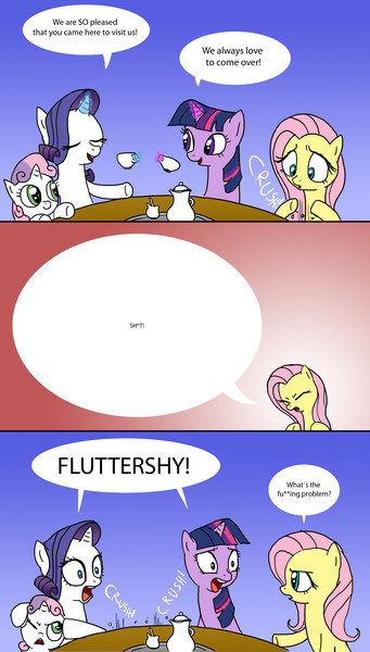 Size: 2480x4370 | Tagged: artist:doublewbrothers, comic, covering ears, derpibooru import, dialogue, fluttershy, rarity, safe, swearing, swearyshy, sweetie belle, tea, twilight sparkle, vulgar