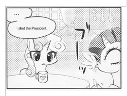 Size: 800x600 | Tagged: safe, derpibooru import, edit, rarity, sweetie belle, pony, unicorn, ..., assassin, exploitable meme, female, filly, many many pony, mare, meme, monochrome, mug, speech bubble, spit take