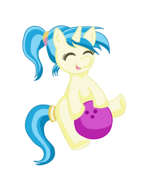 Size: 800x1000 | Tagged: safe, artist:do-it-yourself, derpibooru import, allie way, pony, unicorn, alliebetes, bowling ball, cute, eyes closed, female, filly, foal, solo, tail wrap, younger