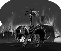 Size: 1479x1242 | Tagged: grimdark, artist:madhotaru, derpibooru import, fluttershy, pegasus, pony, barbed wire, blood, fire, monochrome, skull, solo