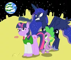 Size: 1024x872 | Tagged: safe, artist:kinrah, derpibooru import, princess luna, spike, twilight sparkle, alicorn, dragon, pony, unicorn, a grand day out, cheese, moon, sweater vest, this will end in pain, wallace and gromit