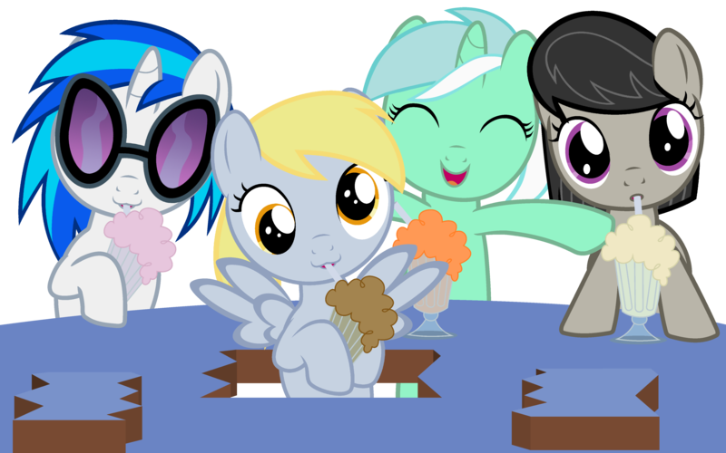 Size: 4320x2700 | Tagged: absurd resolution, artist:beavernator, cute, derpabetes, derpibooru import, derpy hooves, female, filly, filly derpy, filly lyra, filly vinyl scratch, lyra heartstrings, milkshake, milkshake ponies, octavia melody, safe, vinyl scratch