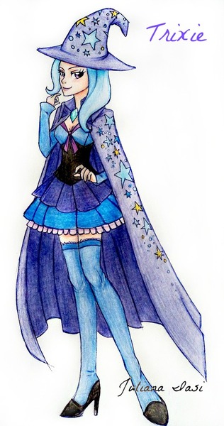 Size: 526x1000 | Tagged: artist:juaiasi, derpibooru import, humanized, safe, skinny, solo, traditional art, trixie