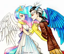 Size: 2439x2058 | Tagged: artist:juaiasi, derpibooru import, discord, horned humanization, humanized, princess celestia, safe, skinny, tailed humanization, traditional art, winged humanization