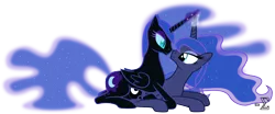 Size: 12530x5190 | Tagged: absurd resolution, artist:90sigma, derpibooru import, female, glowing horn, horns are touching, lesbian, nightmare moon, princess luna, safe, selfcest, self ponidox, shipping, simple background, transparent background, vector