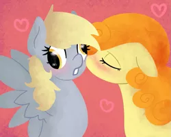 Size: 963x770 | Tagged: artist:robynne, blushing, carrot top, derpibooru import, derpy hooves, derpytop, ditzy doo, golden harvest, kissing, safe, shipping