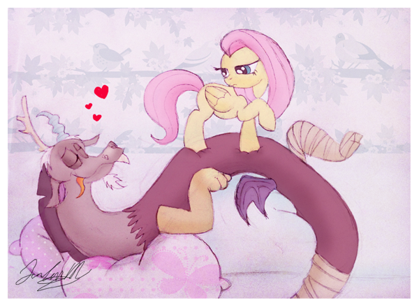 Size: 600x440 | Tagged: safe, artist:cryssy-miu, derpibooru import, discord, fluttershy, discoshy, shipping